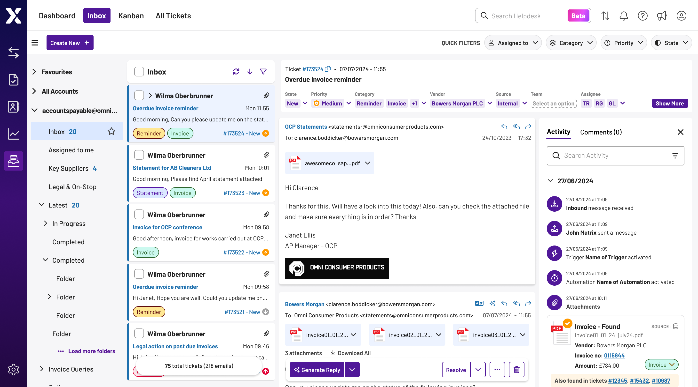Helpdesk inbox and ticket view showing categorised vendor emails, an open overdue invoice reminder ticket with vendor metadata, an activity timeline and a matched invoice record