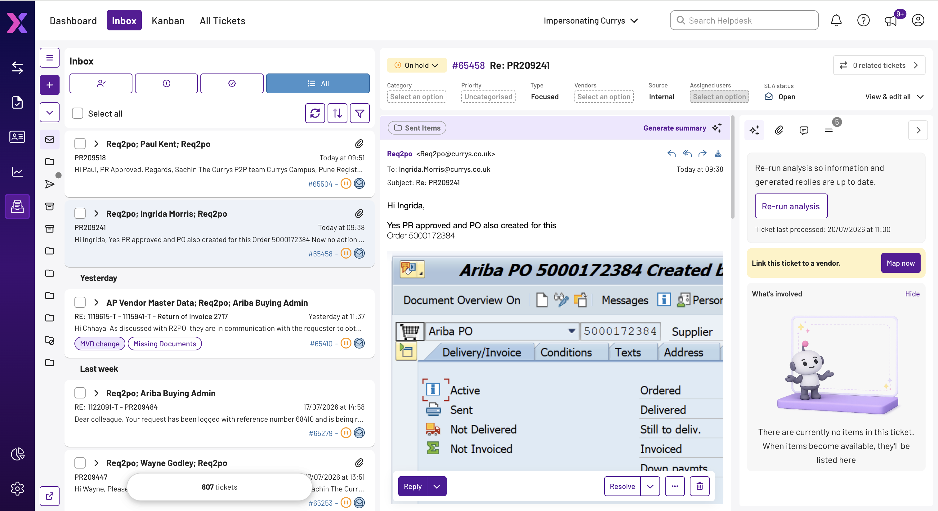 Helpdesk solution UI showing the vendor email inbox, an open ticket with an embedded SAP Ariba purchase order document, and an AI analysis panel with re-run analysis, vendor mapping and involved-items context