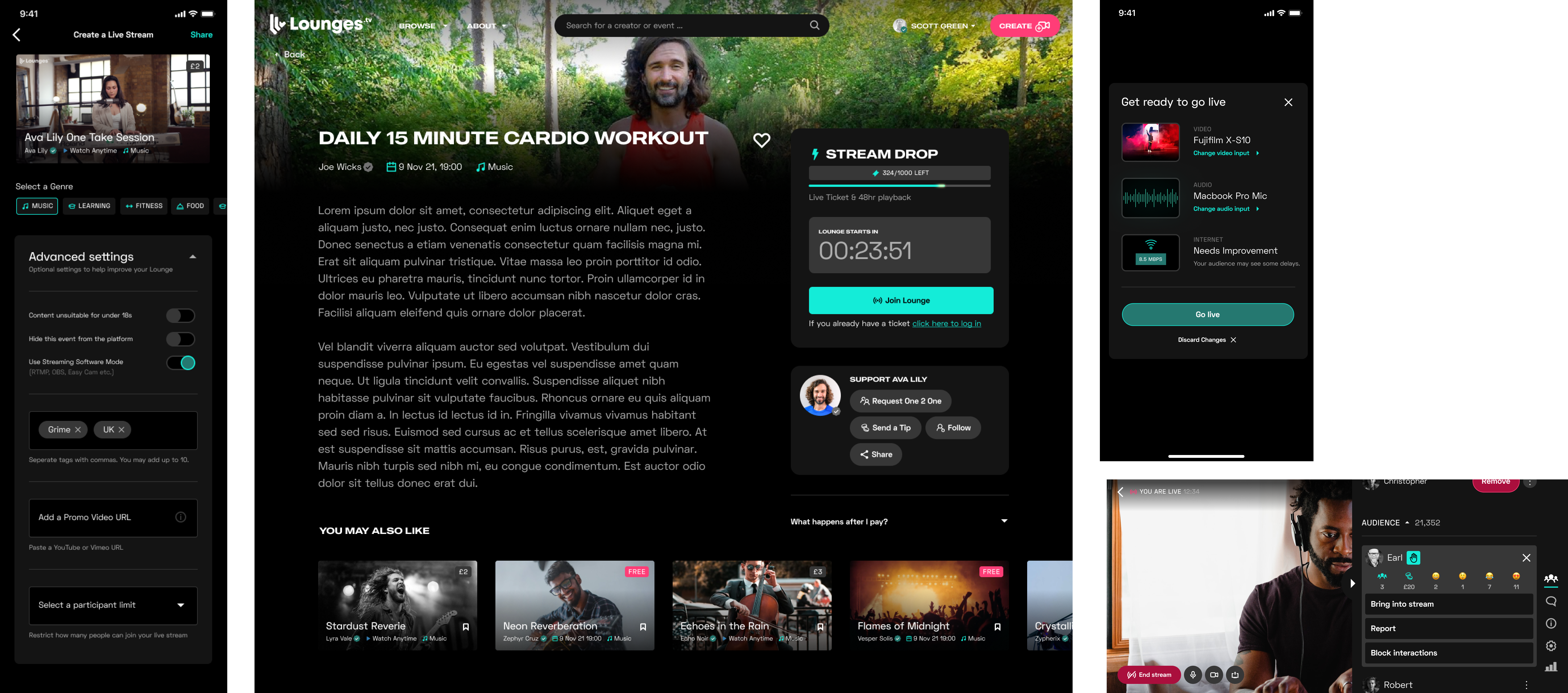 Lounges.tv connection features — live stream creation, event ticketing with Stream Drop, go-live device checks and in-stream audience engagement controls