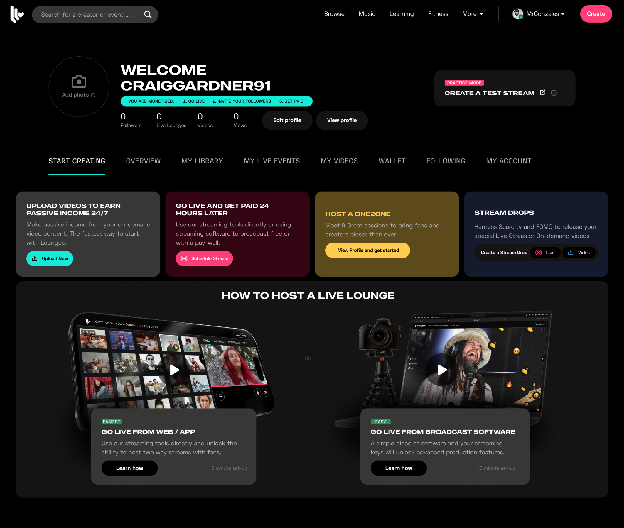 Lounges.tv creator dashboard with monetisation steps and ways to start creating