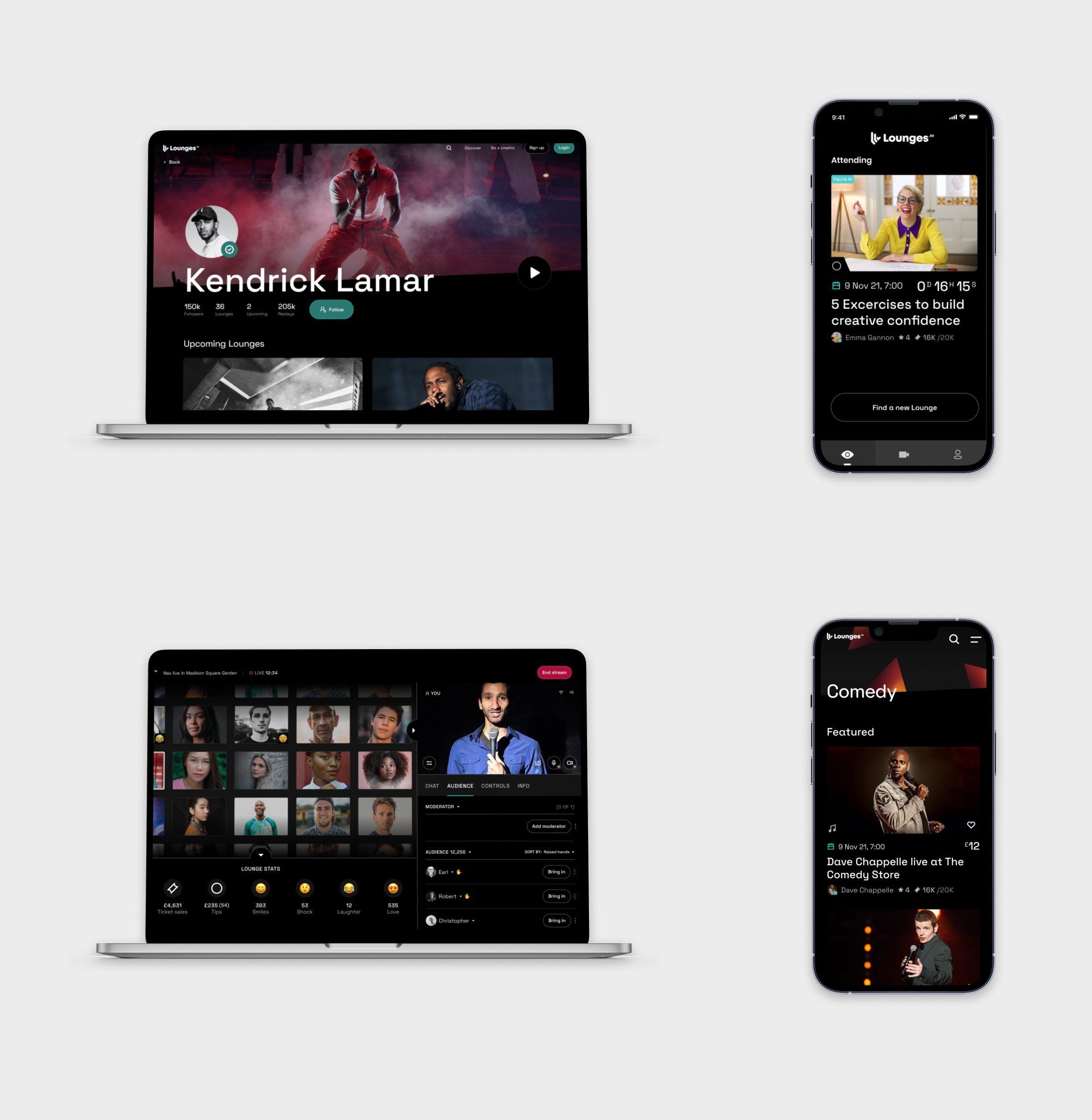 Final Lounges.tv designs across desktop and mobile — creator profiles, attending events, live streams and category browsing